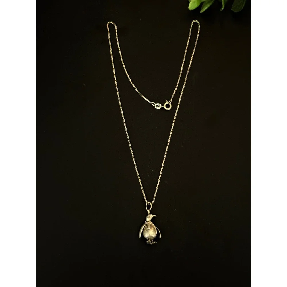 Sterling Silver Penguin Pendant Necklace 17‎ Inch Box Chain 925 Animal Jewelry